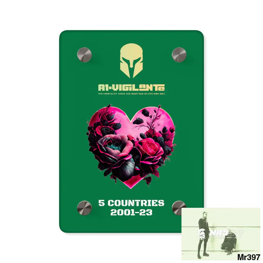 A1-Vigilante 5 Countries 2001-23 Heart made of pink roses with black accents Acrylic Wall Art Panels 5’’ x 7’’