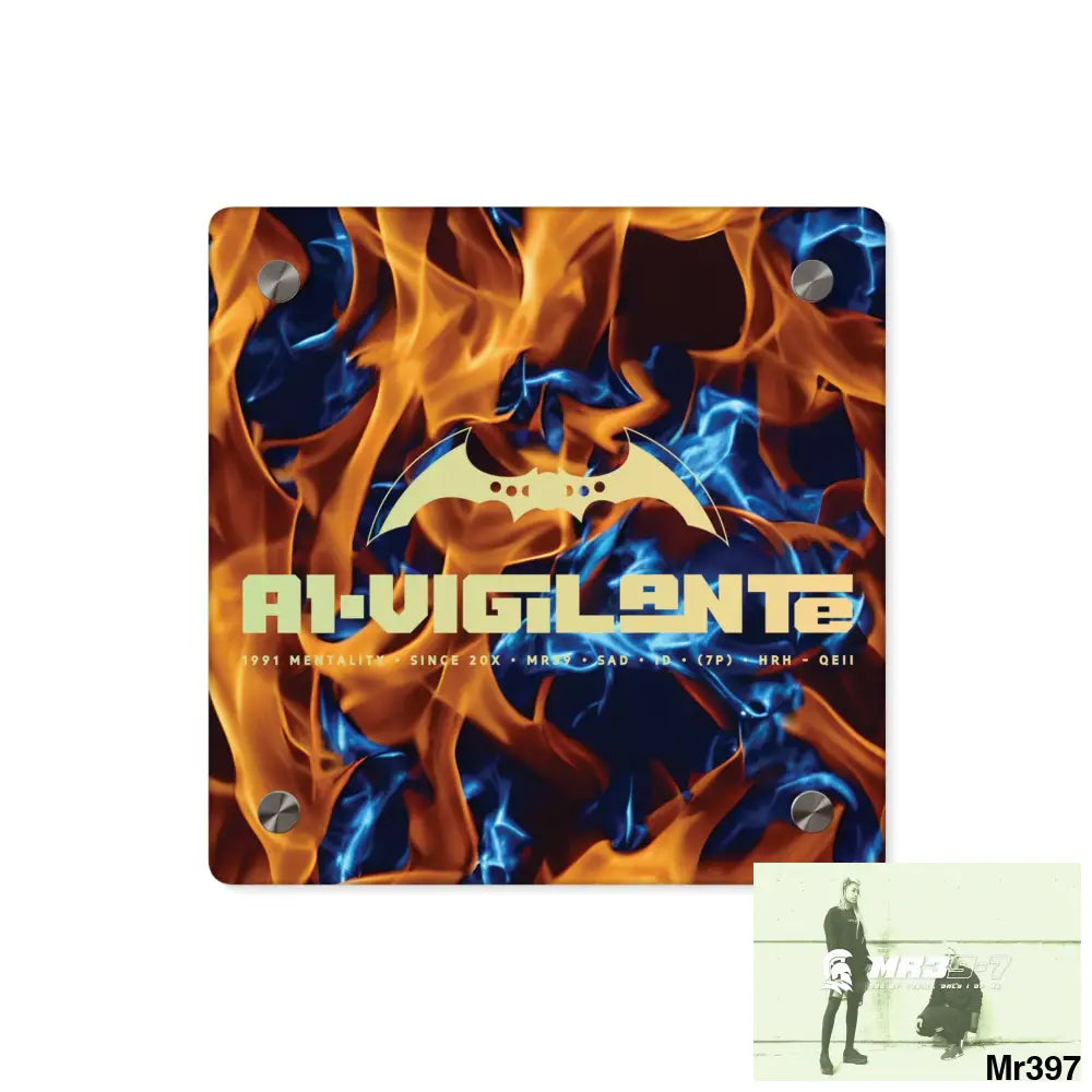 A1-Vigilante Blue Explosion Flames on a Dark Background Acrylic Wall Art Panels 8’’ x 8’’ (Square) / 0.25’’ Home Decor