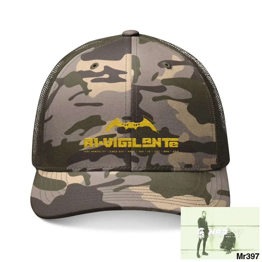 A1 Vigilante Camouflage Trucker Hat with Embroidery | Military Style Cap Outdoor Adventure Gear Hunting Accessories