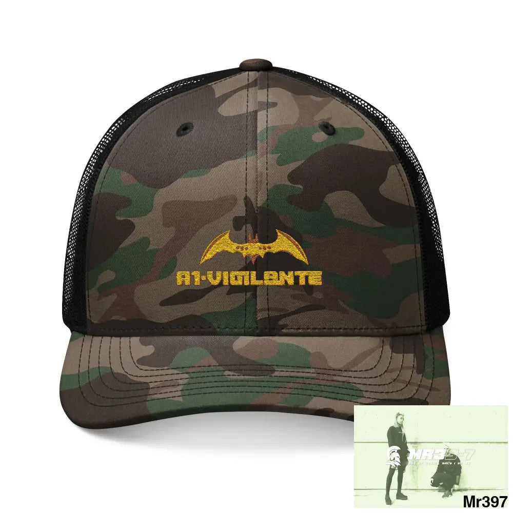 A1 Vigilante Camouflage Trucker Hat with Embroidery | Military Style Cap Outdoor Adventure Gear Hunting Accessories