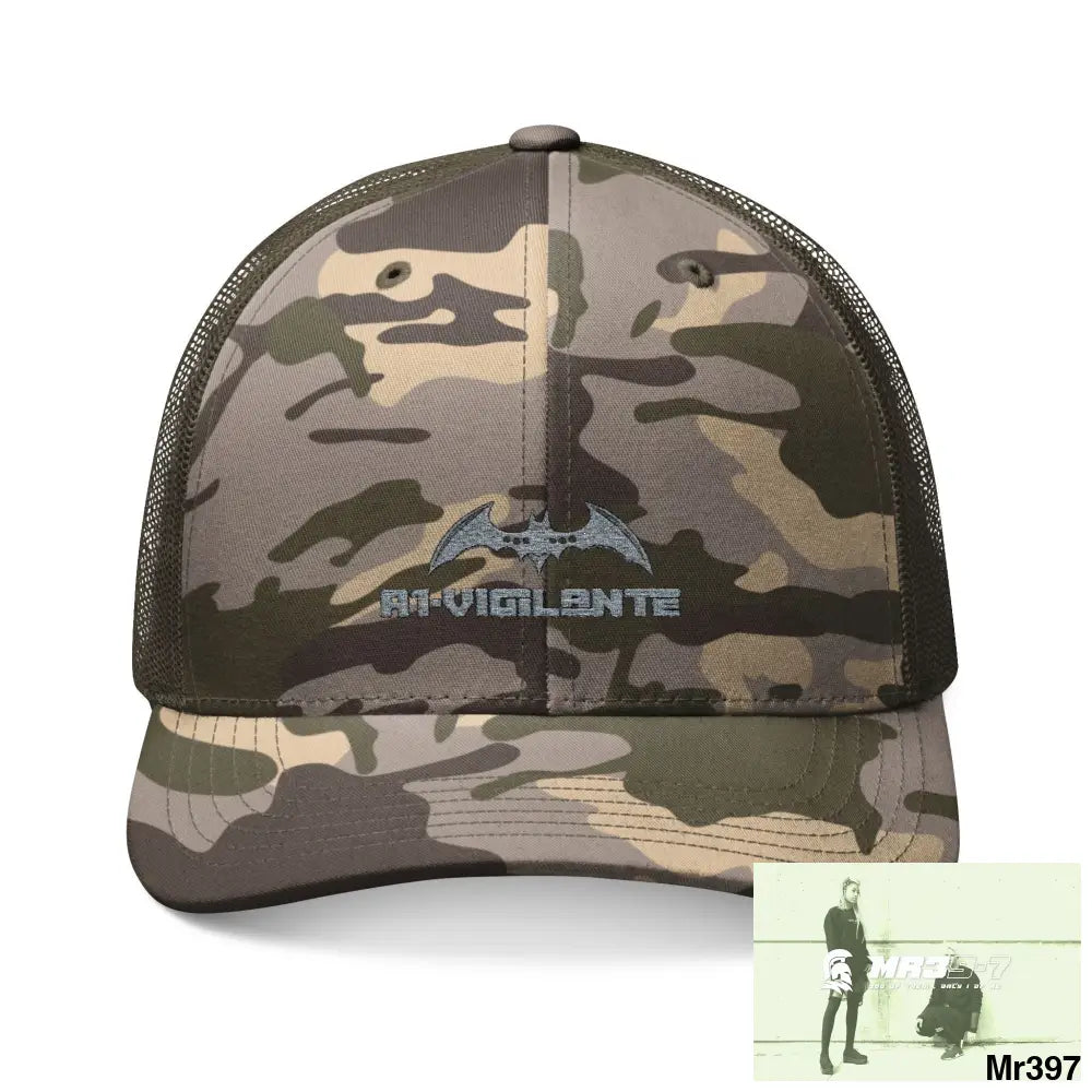 A1 Vigilante Camouflage Trucker Hat with Embroidery | Military Style Cap Outdoor Adventure Gear Hunting Accessories