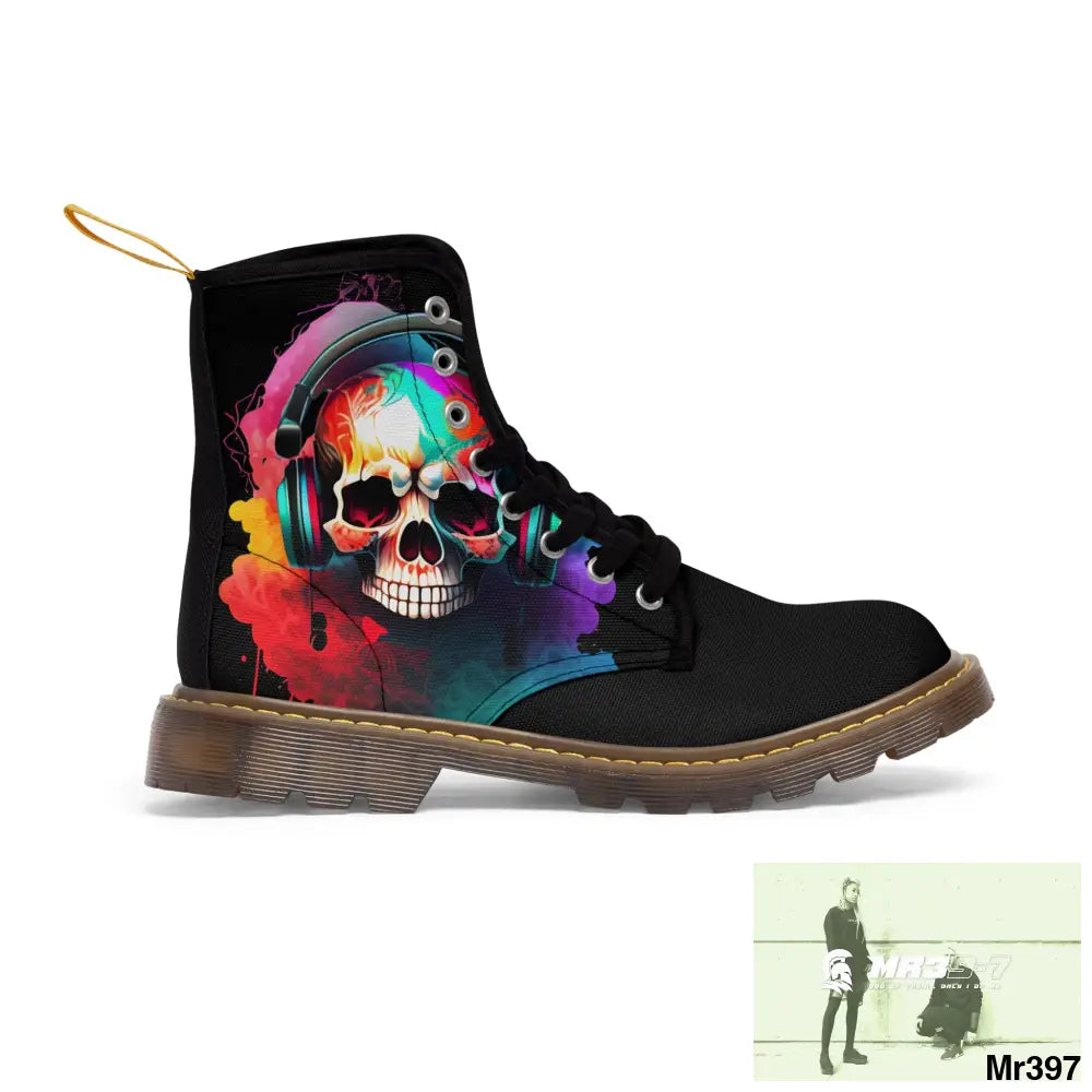 A1- Vigilante Colourful Skull Headphones Black Canvas Boots Shoes