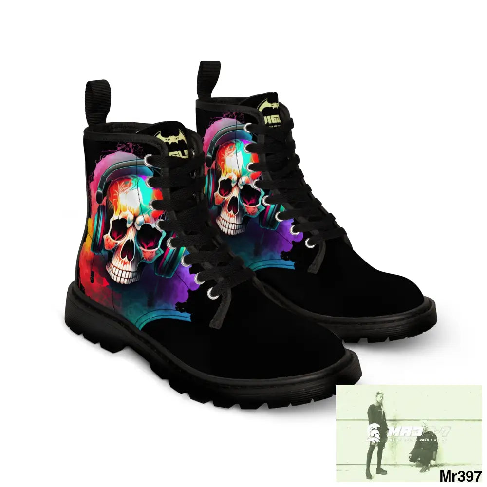 A1- Vigilante Colourful Skull Headphones Black Canvas Boots Shoes
