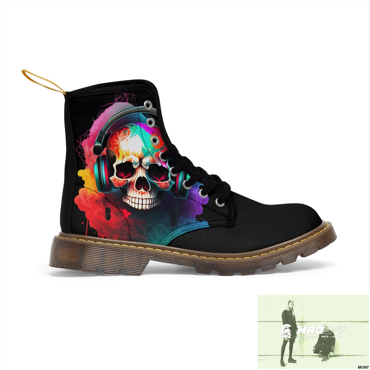 A1- Vigilante Colourful Skull Headphones Black Canvas Boots Shoes