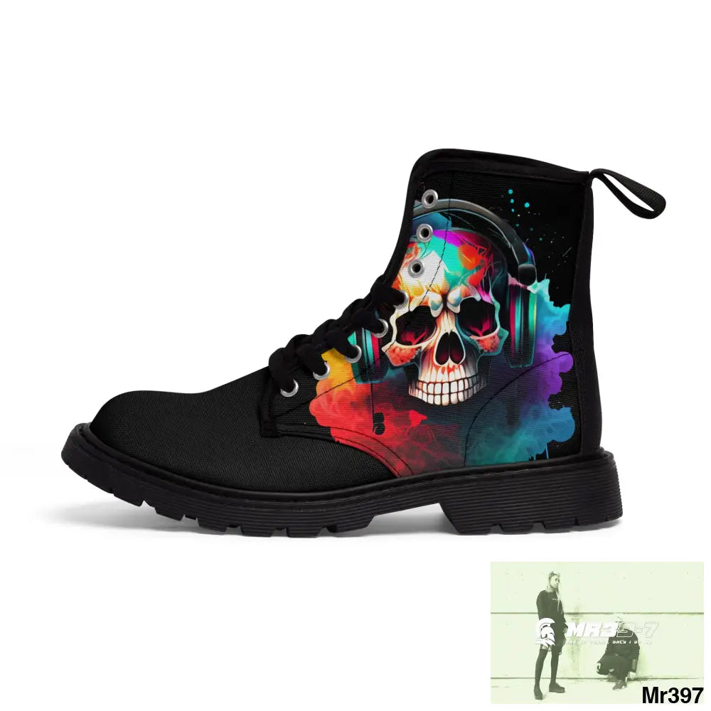A1- Vigilante Colourful Skull Headphones Black Canvas Boots Shoes