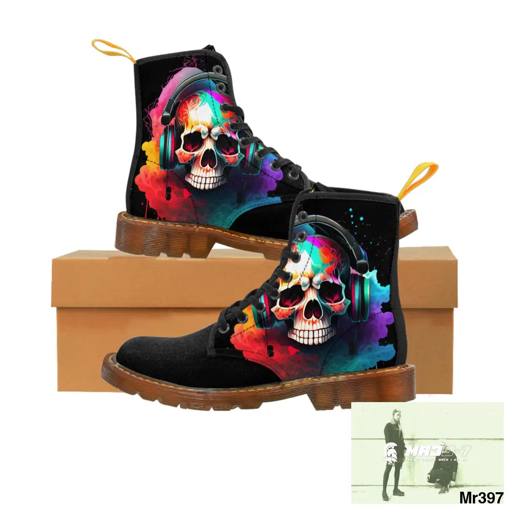 A1- Vigilante Colourful Skull Headphones Black Canvas Boots US 7 / Brown sole Shoes