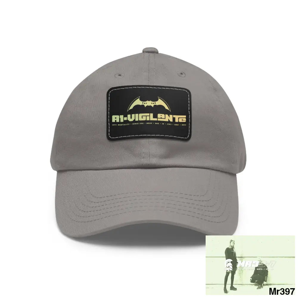 A1•Vigilante Dad Hat with Leather Patch (Rectangle) Grey / Black patch / Rectangle / One size Hats