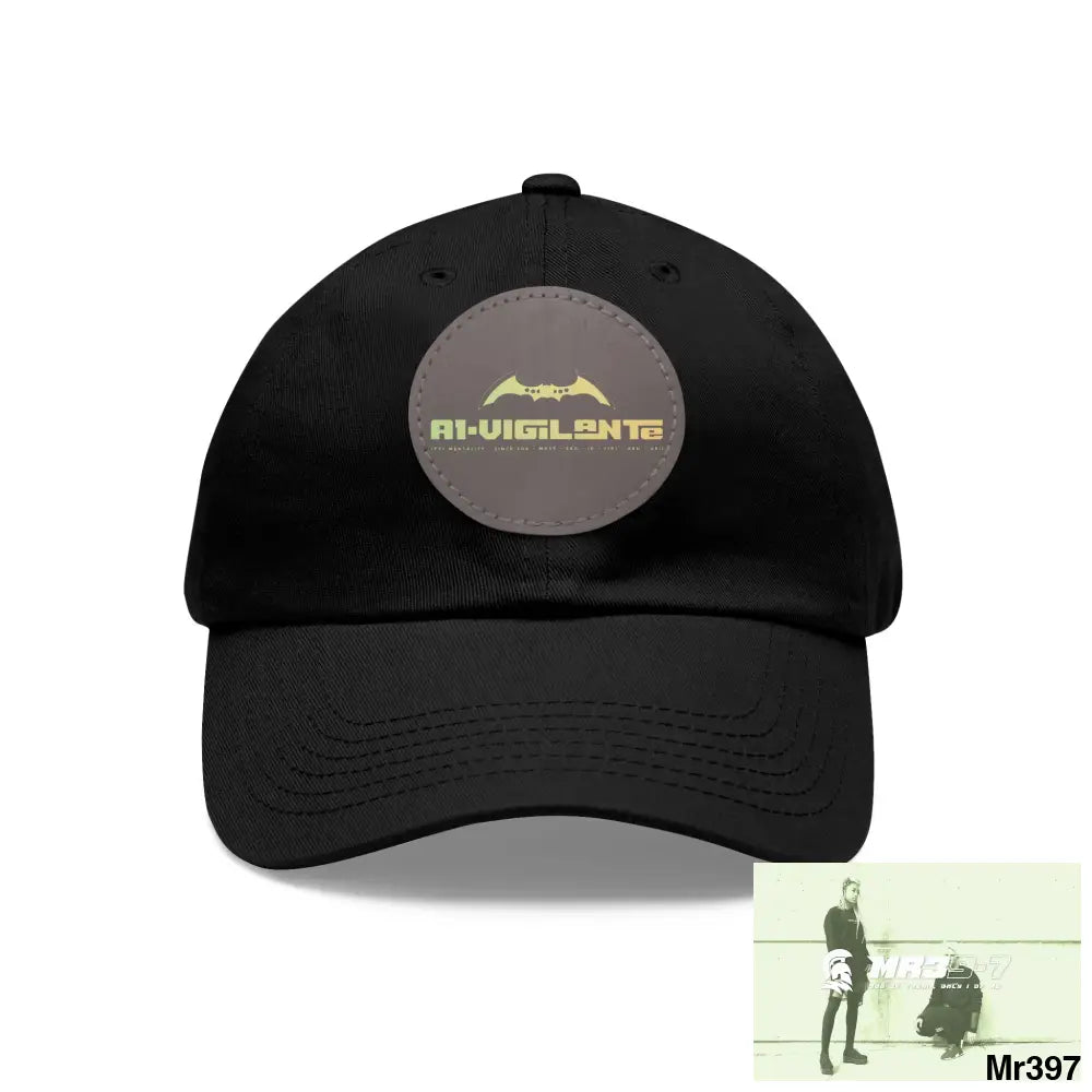 A1.Vigilante Dad Hat with Leather Patch (Round) Black / Grey patch / Circle / One size Hats