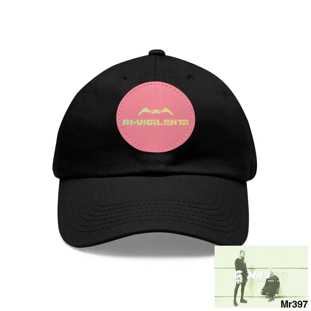 A1.Vigilante Dad Hat with Leather Patch (Round) Black / Pink patch / Circle / One size Hats