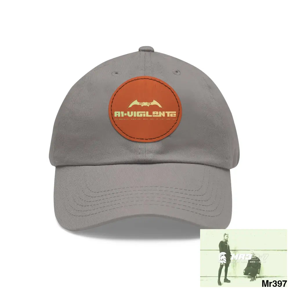 A1.Vigilante Dad Hat with Leather Patch (Round) Grey / Light Brown patch / Circle / One size Hats