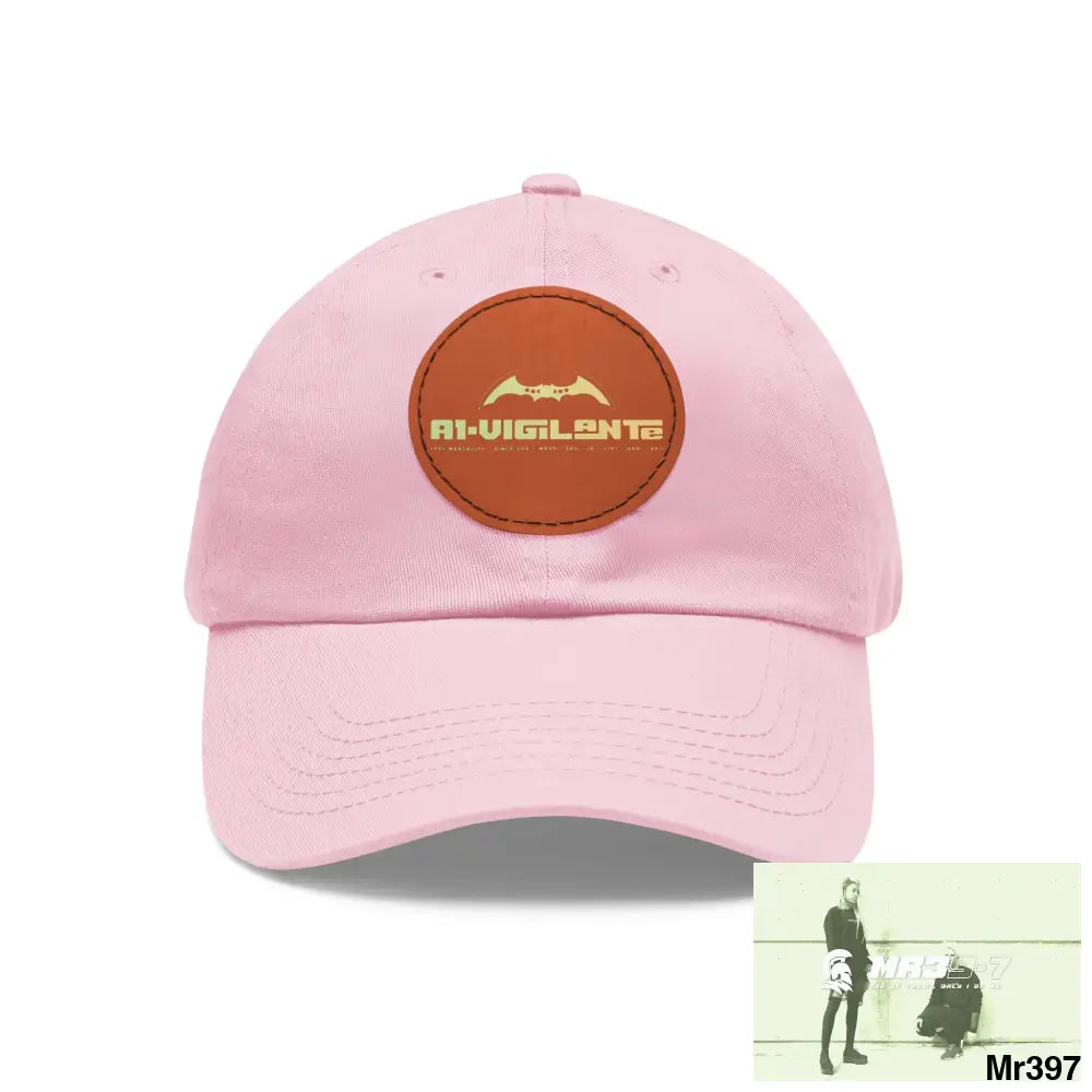 A1.Vigilante Dad Hat with Leather Patch (Round) Light Pink / Light Brown patch / Circle / One size Hats