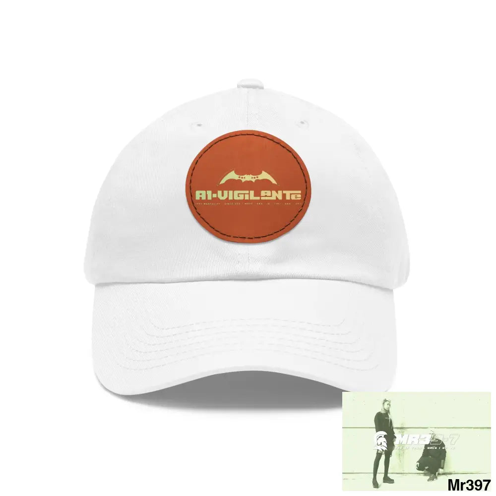 A1.Vigilante Dad Hat with Leather Patch (Round) White / Light Brown patch / Circle / One size Hats