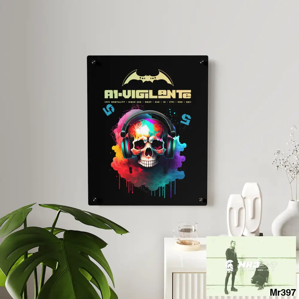 A1-Vigilante E + 5 Colourful Skull Headphones Acrylic Wall Art Panels Home Decor
