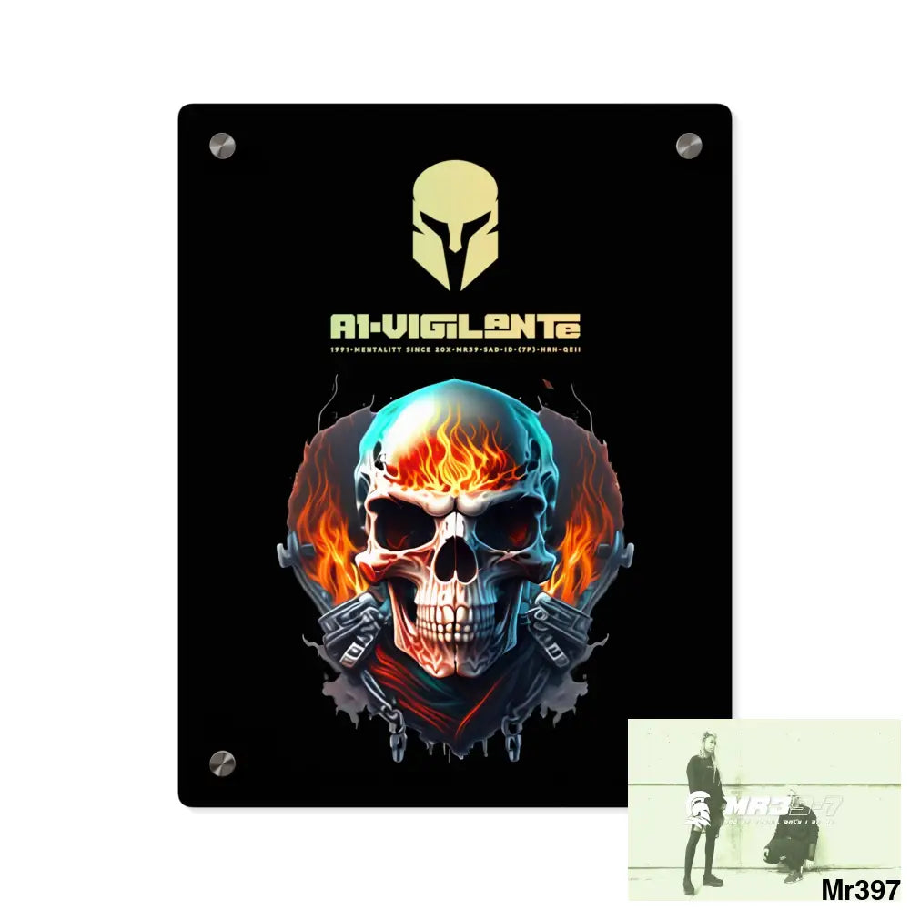 A1-Vigilante Flame Biker Skull Graphic Acrylic Wall Art Panels 11″ x 14″ (Vertical) / 0.25’’ Home Decor