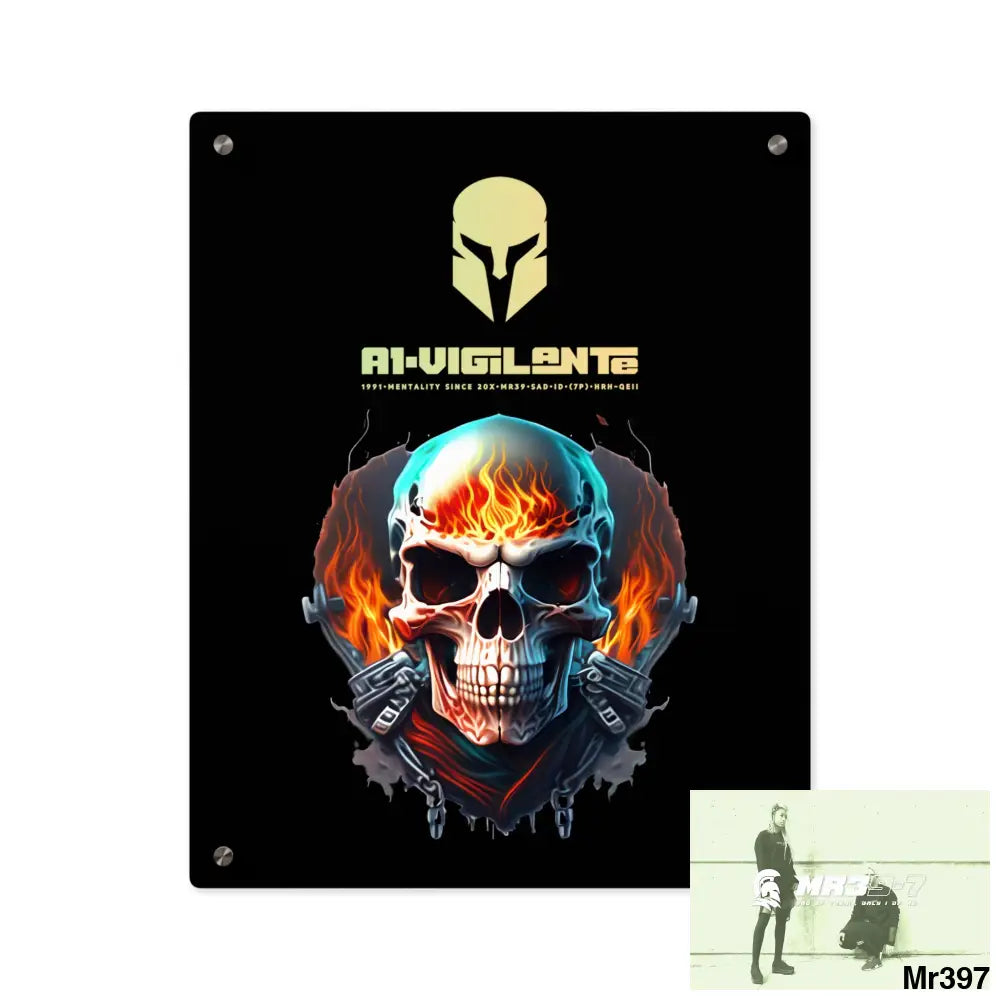 A1-Vigilante Flame Biker Skull Graphic Acrylic Wall Art Panels 16″ x 20″ (Vertical) / 0.25’’ Home Decor