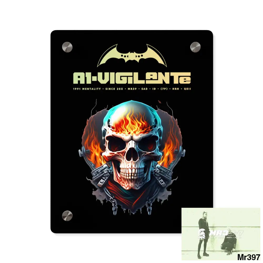 A1-Vigilante Flame Biker Skull Graphic Acrylic Wall Art Panels 8″ x 10″ (Vertical) / 0.25’’ Home Decor