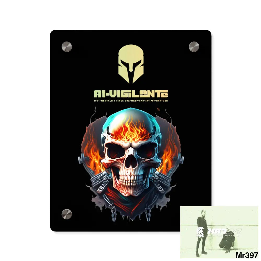 A1-Vigilante Flame Biker Skull Graphic Acrylic Wall Art Panels 8″ x 10″ (Vertical) / 0.25’’ Home Decor