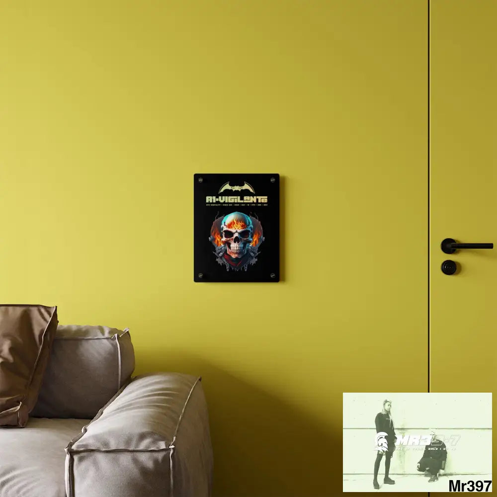 A1-Vigilante Flame Biker Skull Graphic Acrylic Wall Art Panels Home Decor