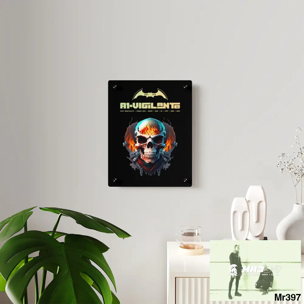 A1-Vigilante Flame Biker Skull Graphic Acrylic Wall Art Panels Home Decor