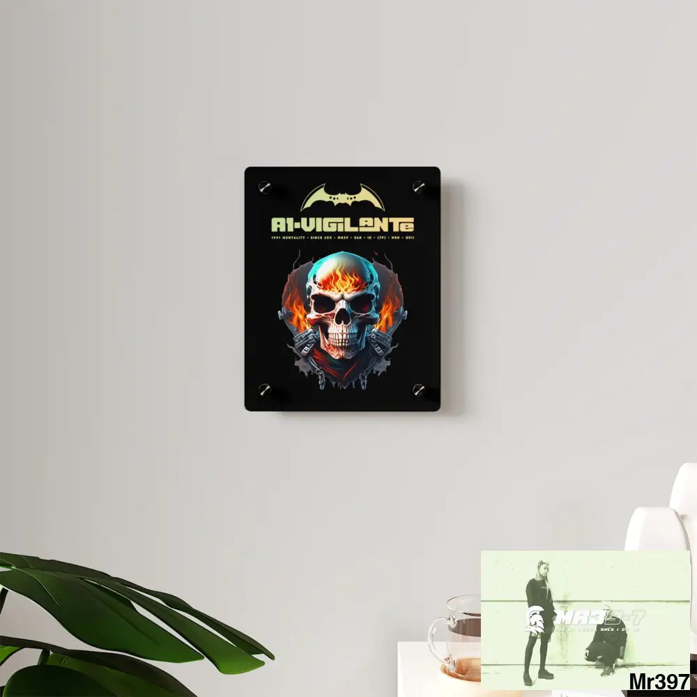 A1-Vigilante Flame Biker Skull Graphic Acrylic Wall Art Panels Home Decor