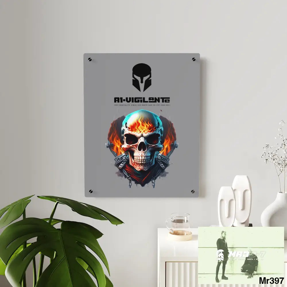 A1-Vigilante Flame Biker Skull Graphic Acrylic Wall Art Panels Home Decor