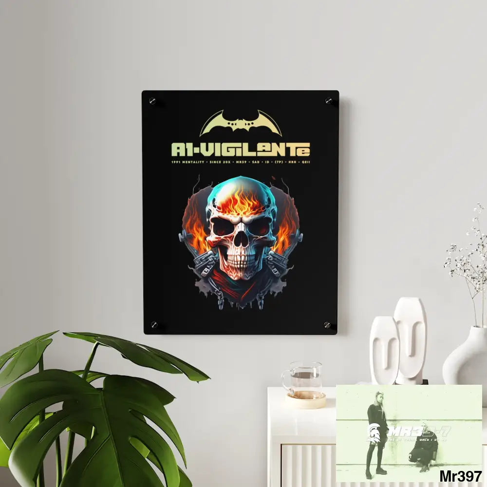 A1-Vigilante Flame Biker Skull Graphic Acrylic Wall Art Panels Home Decor