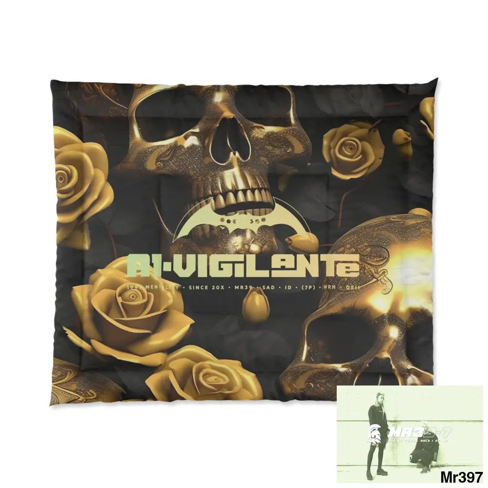 A1-Vigilante Gold Skulls & Roses Comforter 104’’ × 88’’ Home Decor