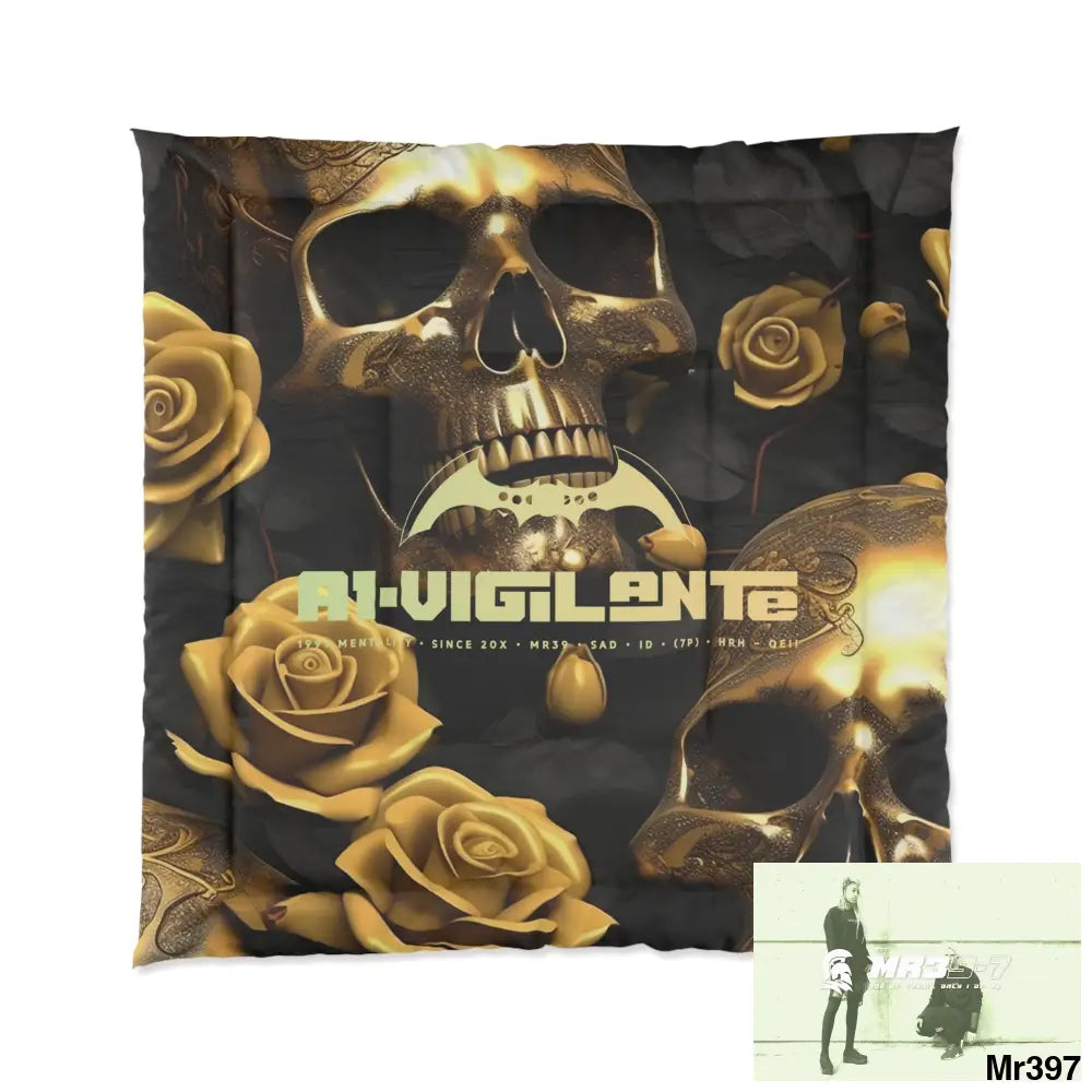 A1-Vigilante Gold Skulls & Roses Comforter 88’’ × 88’’ Home Decor