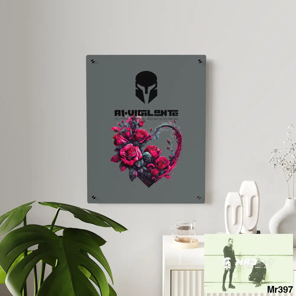 A1-Vigilante Heart made of Pink Roses on Black Background Acrylic Art Wall Panels Home Decor