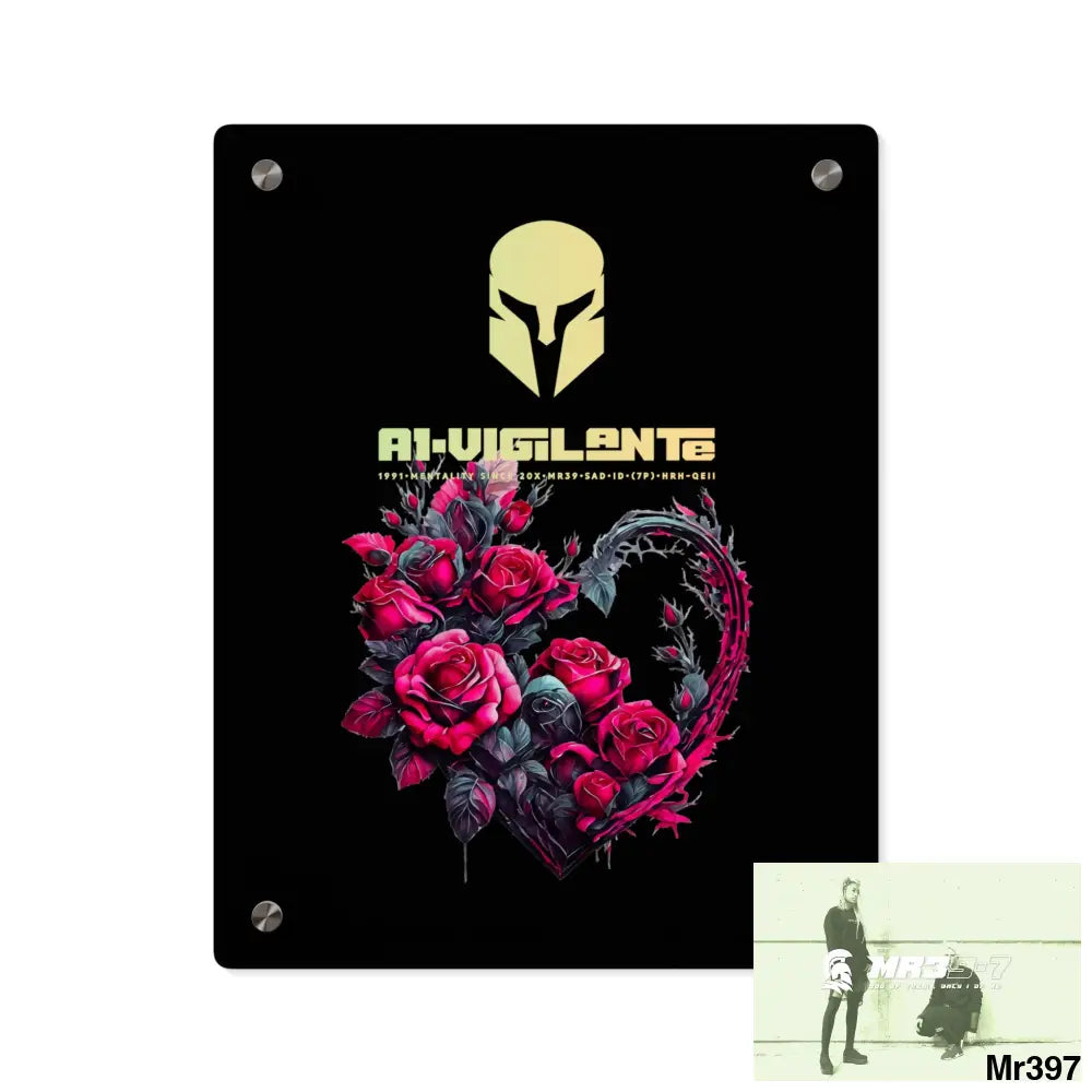 A1-Vigilante Heart made of Pink Roses on Black Background Acrylic Wall Art Panels 11″ x 14″ (Vertical) / 0.25’’ Home