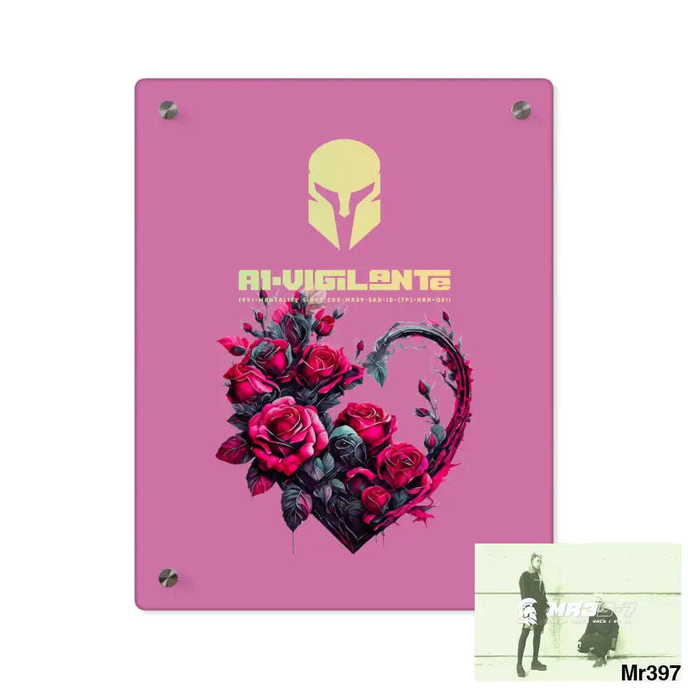 A1-Vigilante Heart made of Pink Roses on Black Background Acrylic Wall Art Panels 11″ x 14″ (Vertical) / 0.25’’ Home