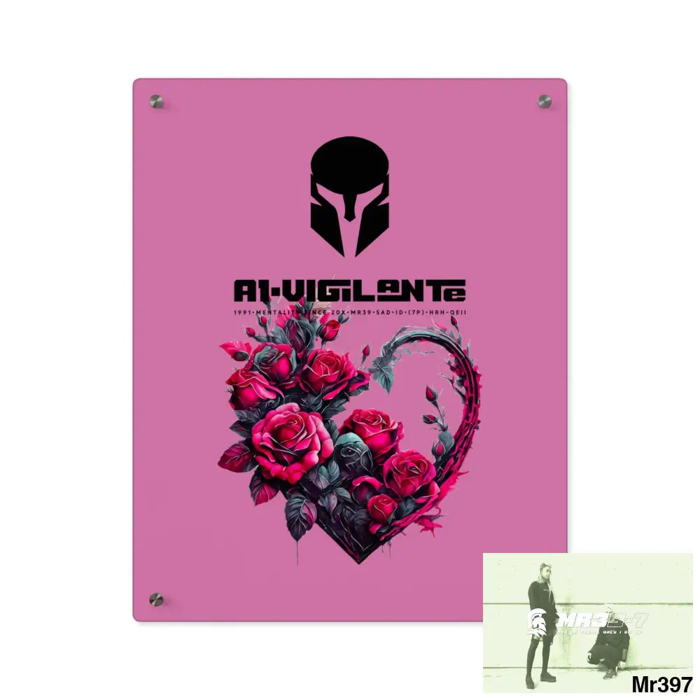A1-Vigilante Heart made of Pink Roses on Black Background Acrylic Wall Art Panels 16″ x 20″ (Vertical) / 0.25’’ Home