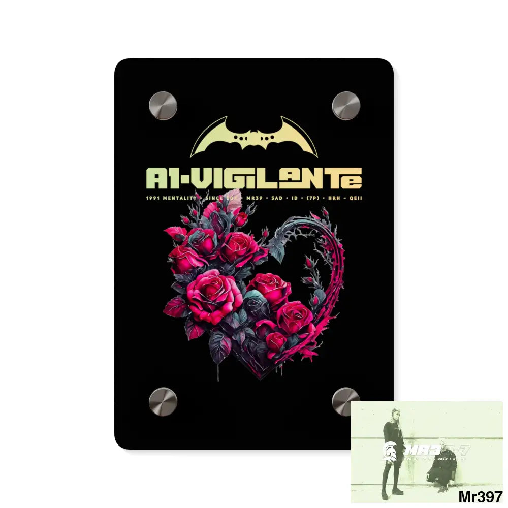 A1-Vigilante Heart made of Pink Roses on Black Background Acrylic Wall Art Panels 5’’ x 7’’ (Vertical) / 0.25’’ Home