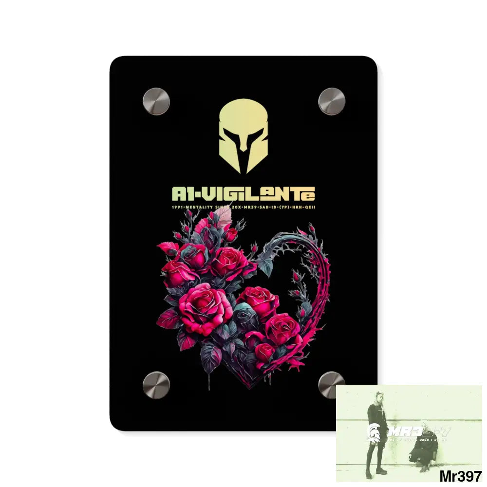 A1-Vigilante Heart made of Pink Roses on Black Background Acrylic Wall Art Panels 5’’ x 7’’ (Vertical) / 0.25’’ Home