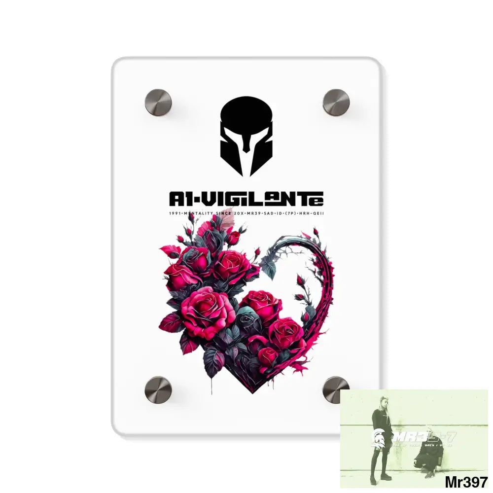 A1-Vigilante Heart made of Pink Roses on Black Background Acrylic Wall Art Panels 5’’ x 7’’ (Vertical) / 0.25’’ Home