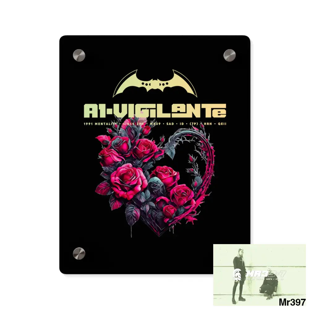 A1-Vigilante Heart made of Pink Roses on Black Background Acrylic Wall Art Panels 8″ x 10″ (Vertical) / 0.25’’ Home