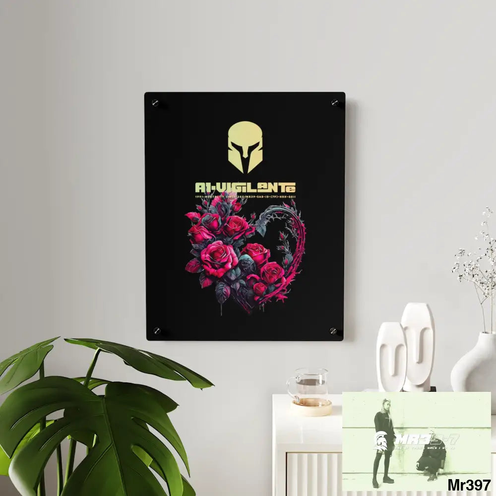 A1-Vigilante Heart made of Pink Roses on Black Background Acrylic Wall Art Panels Home Decor
