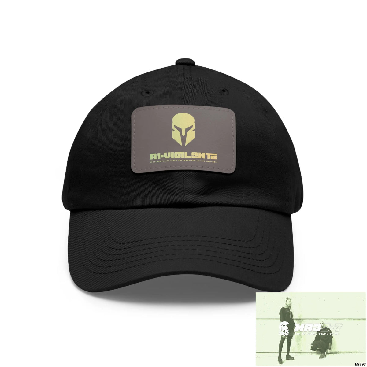 A1•Vigilante Sparta Dad Hat with Leather Patch (Rectangle) Black / Grey patch / Rectangle / One size Hats
