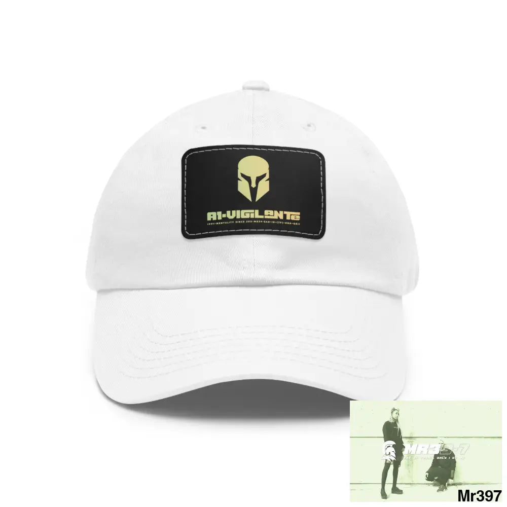 A1•Vigilante Sparta Dad Hat with Leather Patch (Rectangle) White / Black patch / Rectangle / One size Hats
