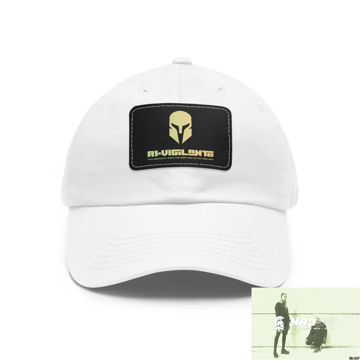 A1•Vigilante Sparta Dad Hat with Leather Patch (Rectangle) White / Black patch / Rectangle / One size Hats