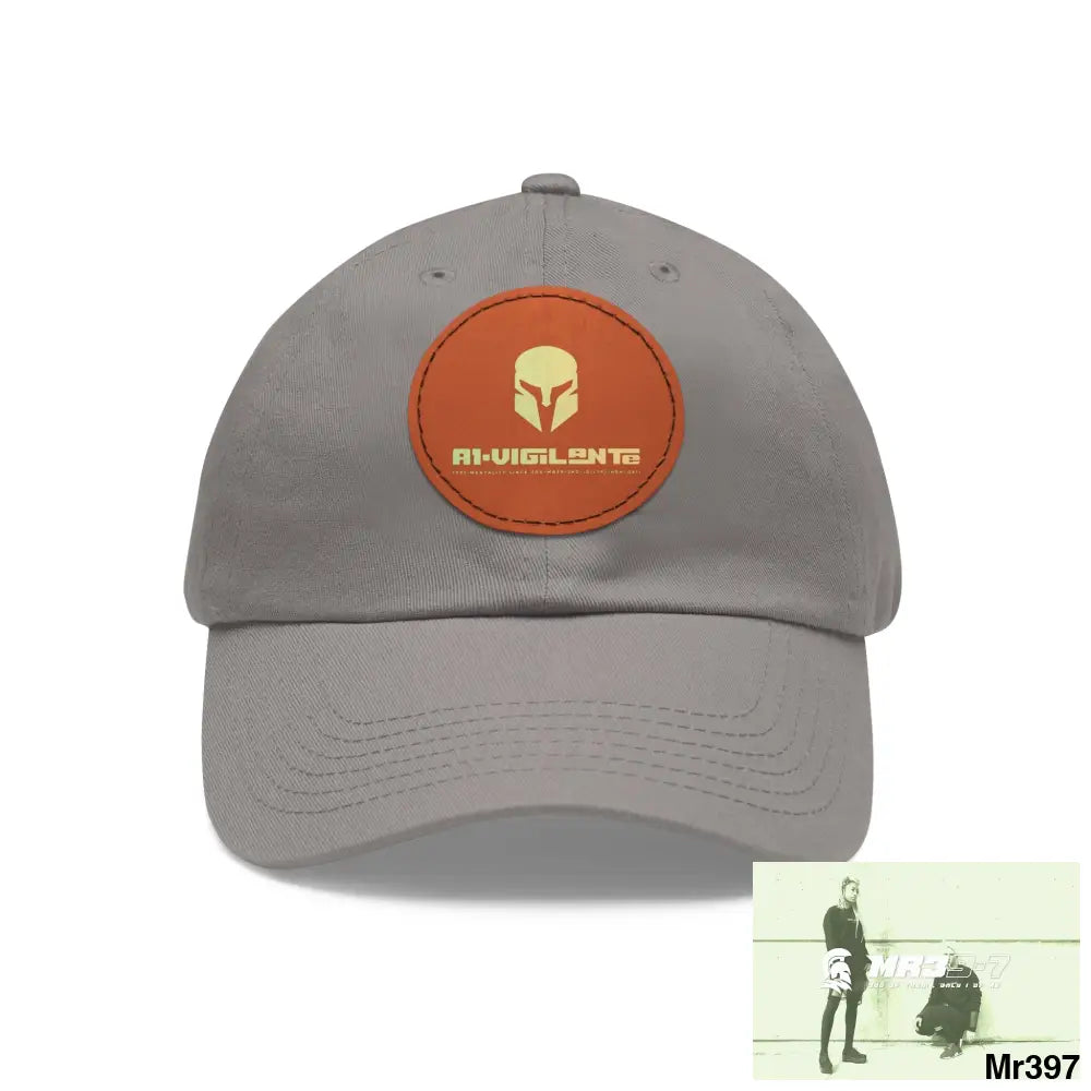 A1. Vigilante Sparta Dad Hat with Leather Patch (Round) Grey / Light Brown patch / Circle / One size Hats