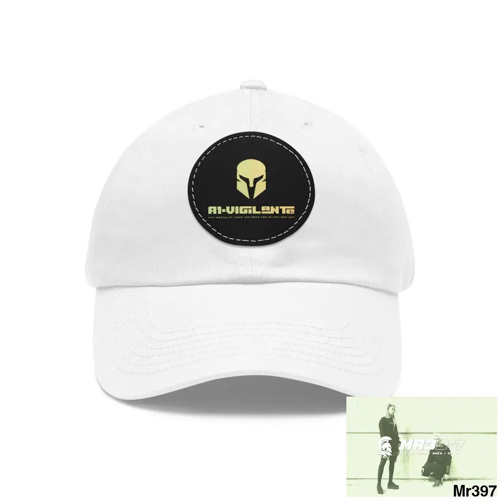 A1. Vigilante Sparta Dad Hat with Leather Patch (Round) White / Black patch / Circle / One size Hats