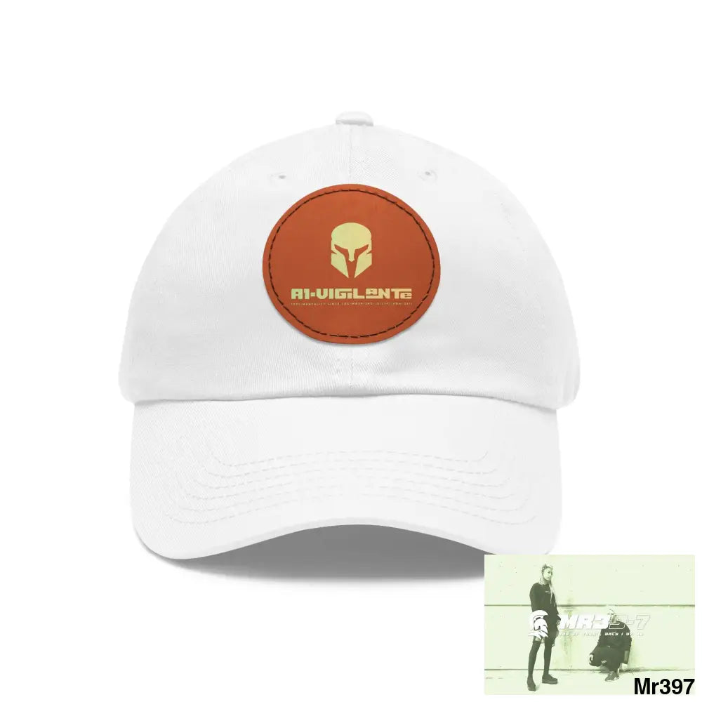 A1. Vigilante Sparta Dad Hat with Leather Patch (Round) White / Light Brown patch / Circle / One size Hats