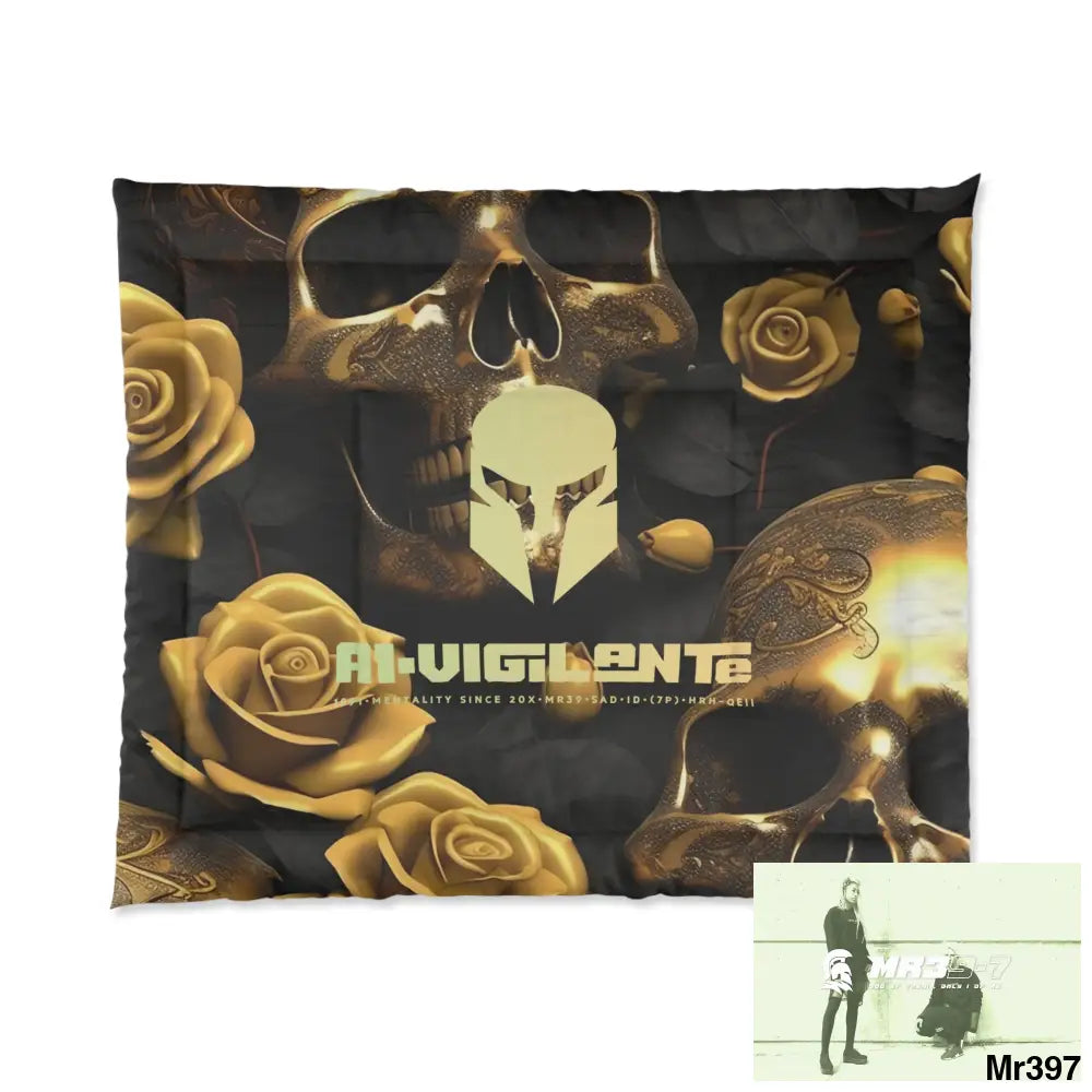 A1-Vigilante Sparta Gold Skulls & Roses Comforter 104’’ × 88’’ Home Decor