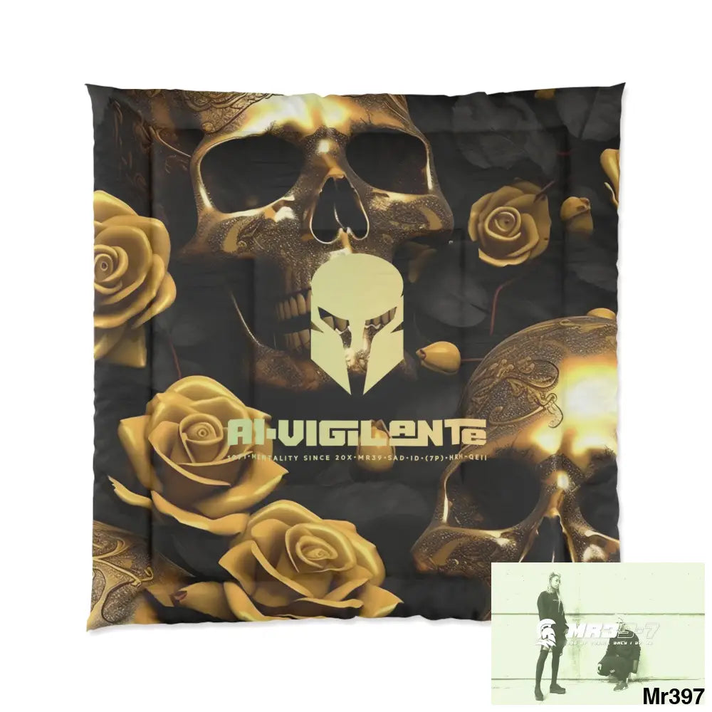 A1-Vigilante Sparta Gold Skulls & Roses Comforter 88’’ × 88’’ Home Decor