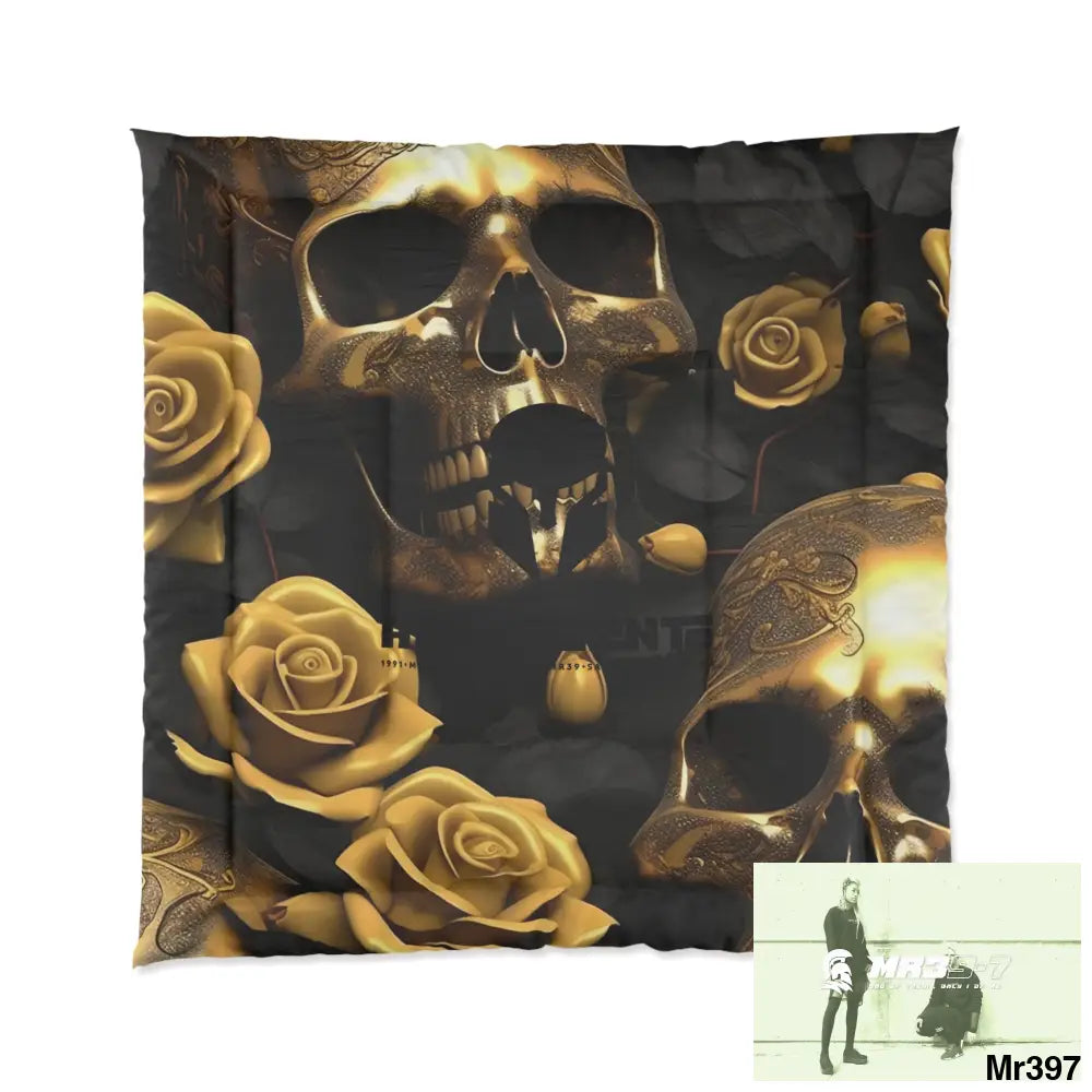A1-Vigilante Sparta Gold Skulls & Roses Comforter 88’’ × 88’’ Home Decor