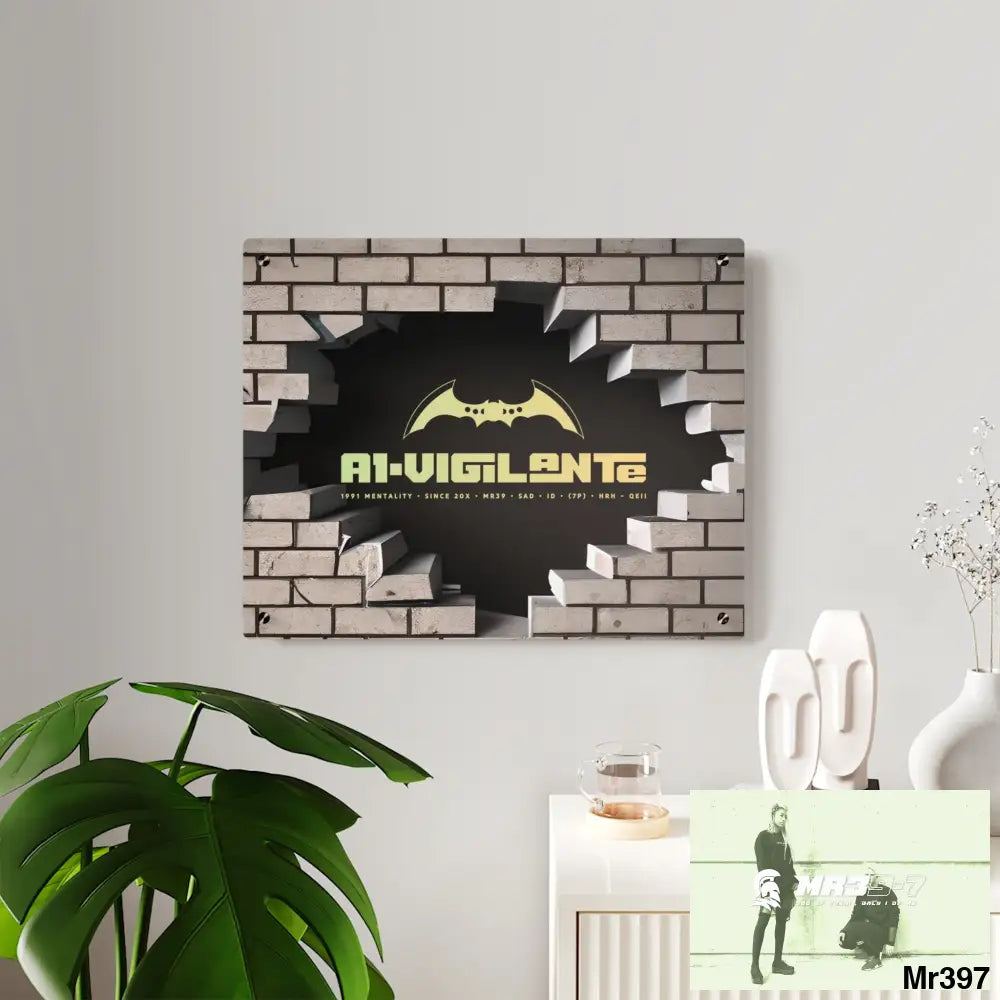 A1-Vigilante Through the 3D Cracked Brick Wall Graphic Acrylic Wall Art Panels Home Decor