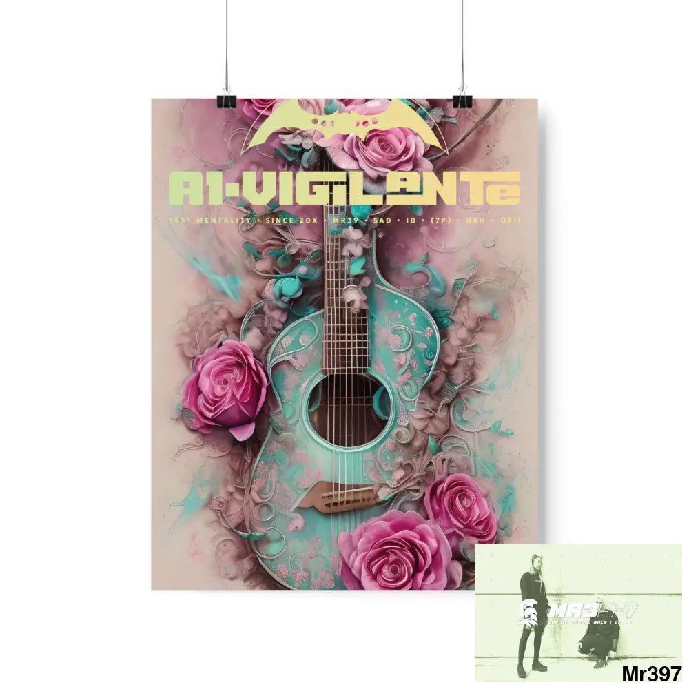 A1 Vigilante with pink roses and guitar Matte Vertical Posters 11″ x 14″ / Matte Poster