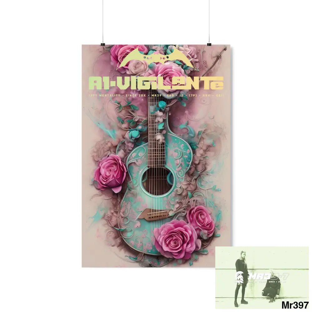 A1 Vigilante with pink roses and guitar Matte Vertical Posters 20″ x 30″ / Matte Poster