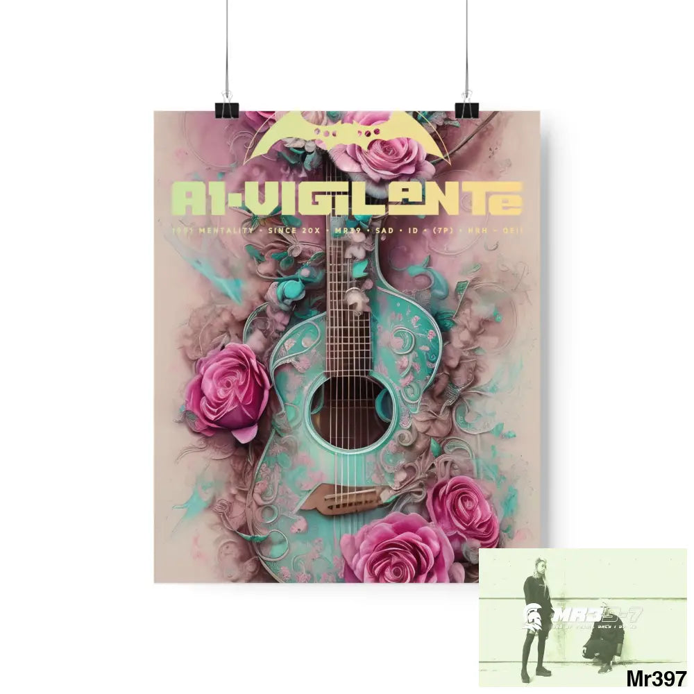 A1 Vigilante with pink roses and guitar Matte Vertical Posters 9’’ x 11’’ / Matte Poster